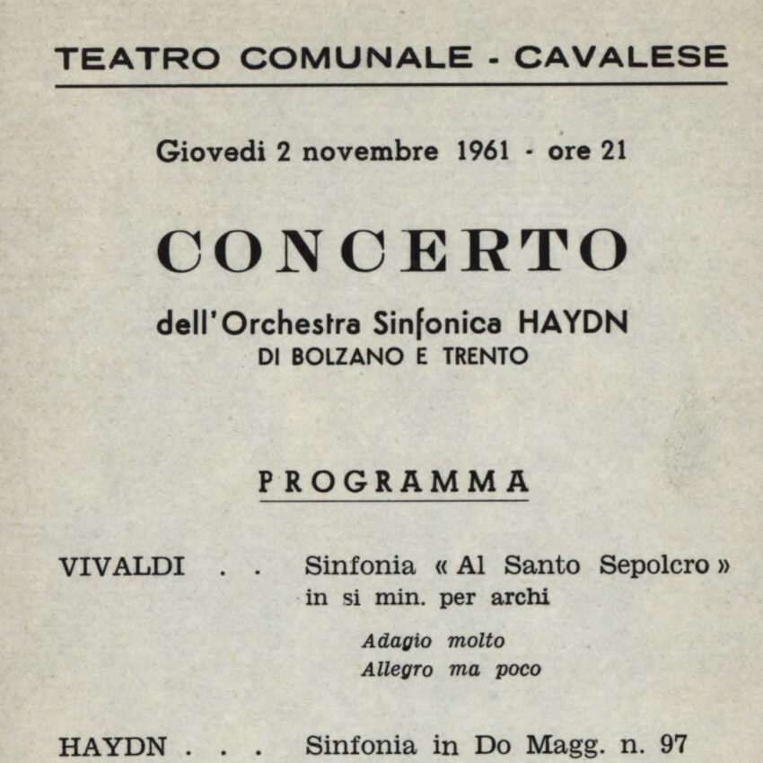 Programma di sala, Orchestra Haydn, Cavalese, 1961-1962