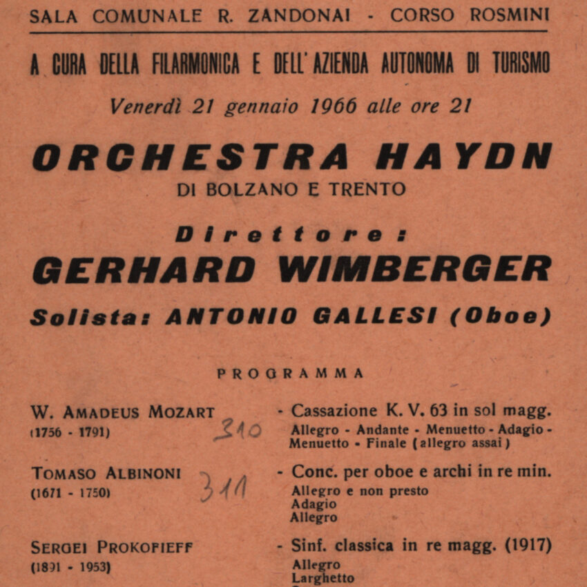 Concerto, Programma di sala, Orchestra Haydn, 1965-1966, Rovereto