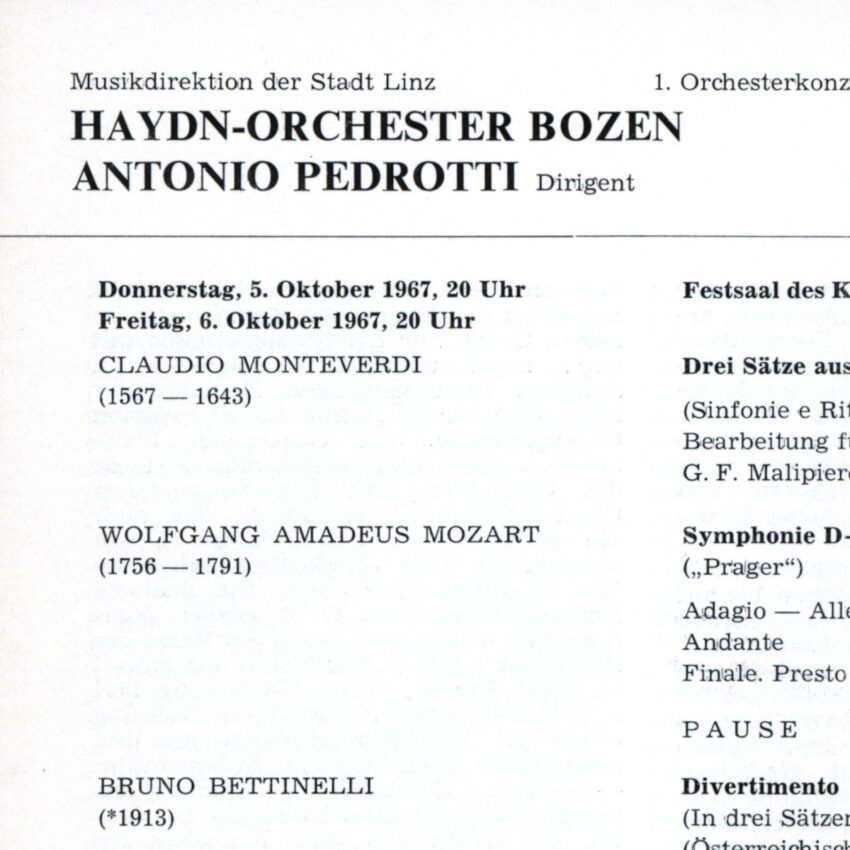 Concerto, Programma di sala, Orchestra Haydn, 1967-1968, Linz